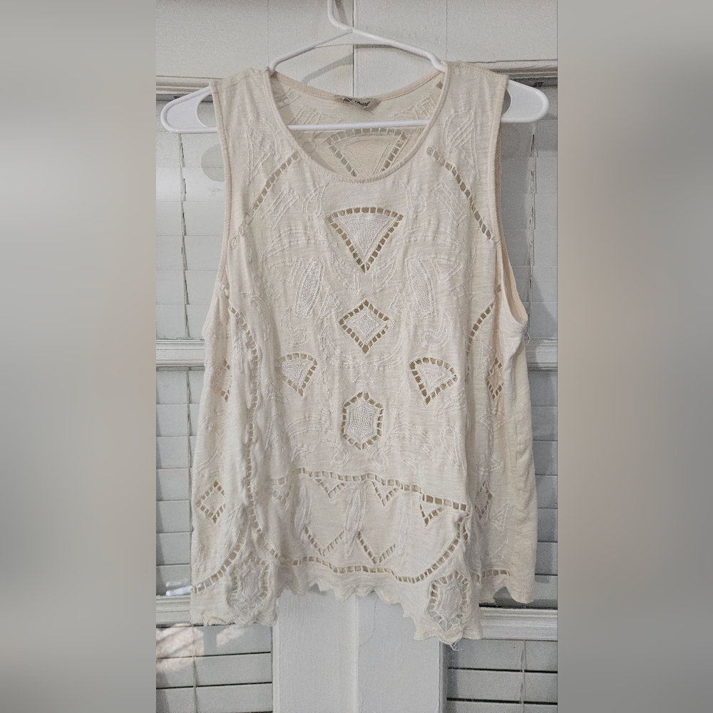 Lucky Brand Embroidered Boho Tank Top | Cream Ivory Sleeveless Knit | Size L